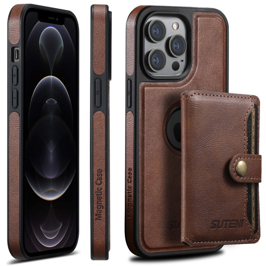 For iPhone 12 Pro Suteni M1 Oil Wax MagSafe Detachable Horizontal Card Bag Phone Case(Brown) - iPhone 12 / 12 Pro Cases by Suteni | Online Shopping South Africa | PMC Jewellery | Buy Now Pay Later Mobicred