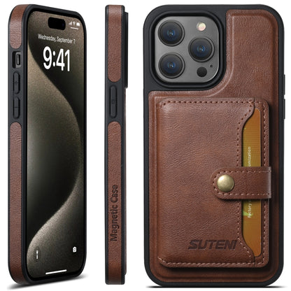 For iPhone 16 Pro Suteni M1 Oil Wax MagSafe Detachable Horizontal Card Bag Phone Case(Brown) - iPhone 16 Pro Cases by Suteni | Online Shopping South Africa | PMC Jewellery | Buy Now Pay Later Mobicred