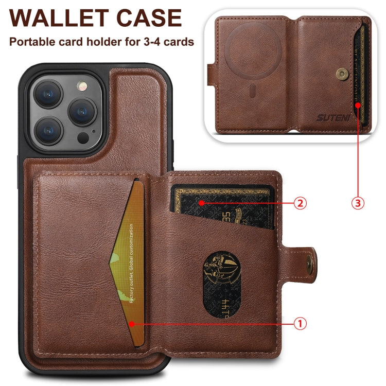 For iPhone 15 Pro Max Suteni M1 Oil Wax MagSafe Detachable Horizontal Card Bag Phone Case(Brown) - iPhone 15 Pro Max Cases by Suteni | Online Shopping South Africa | PMC Jewellery | Buy Now Pay Later Mobicred