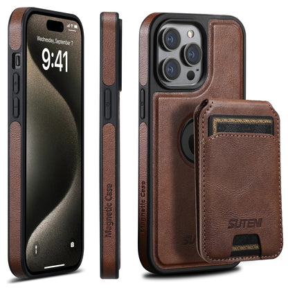 For iPhone 15 Pro Max Suteni M2 Oil Wax MagSafe Horizontal Card Bag Phone Case(Brown) - iPhone 15 Pro Max Cases by Suteni | Online Shopping South Africa | PMC Jewellery | Buy Now Pay Later Mobicred