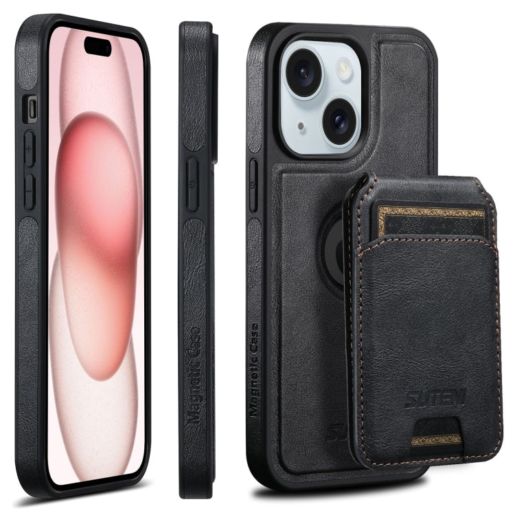 For iPhone 15 Plus Suteni M2 Oil Wax MagSafe Horizontal Card Bag Phone Case(Black) - iPhone 15 Plus Cases by Suteni | Online Shopping South Africa | PMC Jewellery | Buy Now Pay Later Mobicred