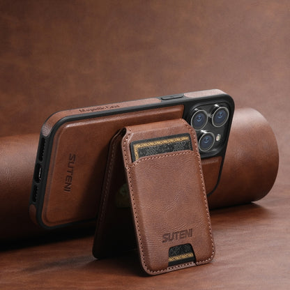 For iPhone 12 Pro Suteni M2 Oil Wax MagSafe Horizontal Card Bag Phone Case(Brown) - iPhone 12 / 12 Pro Cases by Suteni | Online Shopping South Africa | PMC Jewellery | Buy Now Pay Later Mobicred