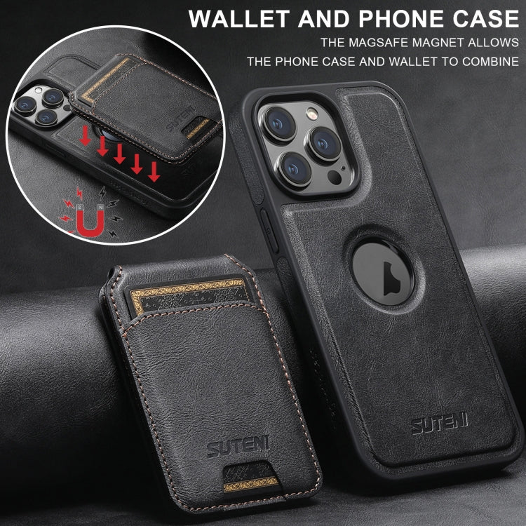 For iPhone 14 Plus Suteni M2 Oil Wax MagSafe Horizontal Card Bag Phone Case(Black) - free shipping - PMC Jewellery - Order now!