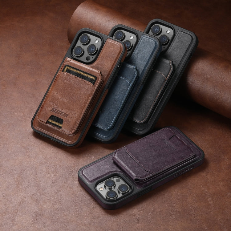 For iPhone 14 Plus Suteni M2 Oil Wax MagSafe Horizontal Card Bag Phone Case(Black) - free shipping - PMC Jewellery - Order now!