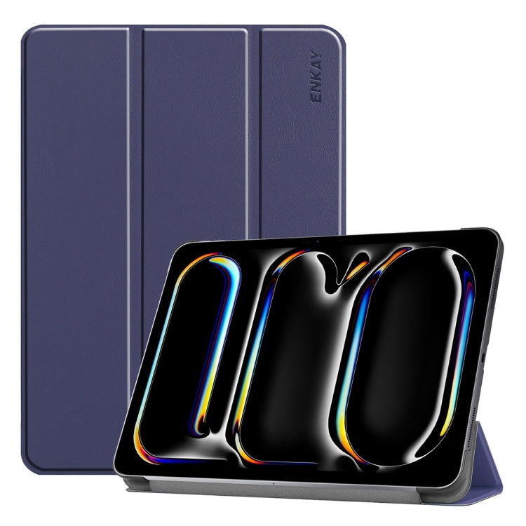 For iPad Pro 13 2024 ENKAY Tri-fold Custer Texture Platic Leather Smart Tablet Case(Dark Blue) - free shipping - PMC TechLife - Order now!