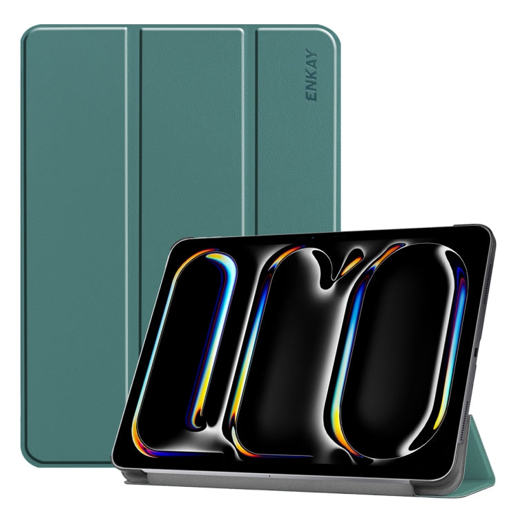 For iPad Pro 13 2024 ENKAY Tri-fold Custer Texture Platic Leather Smart Tablet Case(Dark Green) - free shipping - PMC TechLife - Order now!