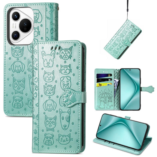 For Huawei Pura 70 Pro Cat and Dog Embossed Leather Phone Case(Green) - Huawei Cases by PMC Jewellery | Online Shopping South Africa | PMC Jewellery | Buy Now Pay Later Mobicred