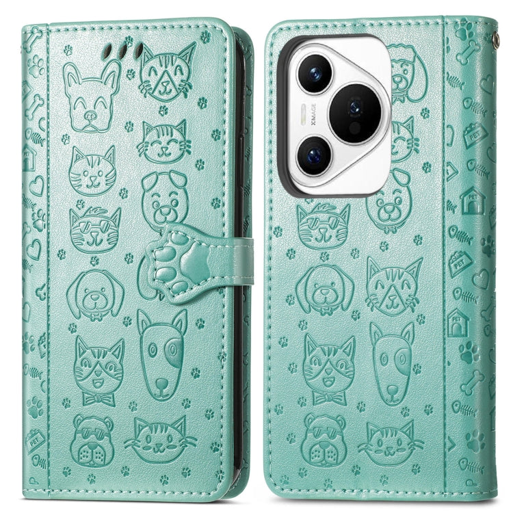 For Huawei Pura 70 Pro+ Cat and Dog Embossed Leather Phone Case(Green) - Huawei Cases by PMC Jewellery | Online Shopping South Africa | PMC Jewellery | Buy Now Pay Later Mobicred