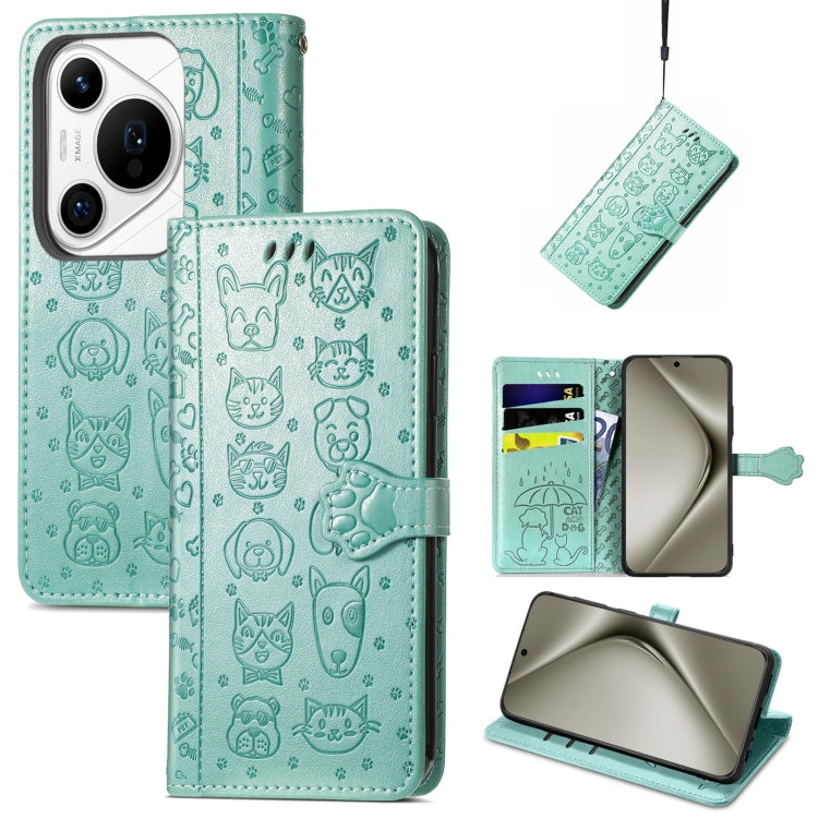 For Huawei Pura 70 Ultra Cat and Dog Embossed Leather Phone Case(Green) - Huawei Cases by PMC Jewellery | Online Shopping South Africa | PMC Jewellery | Buy Now Pay Later Mobicred