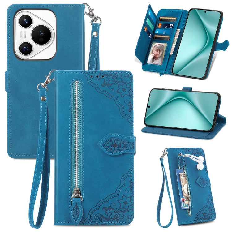 For Huawei Pura 70 Pro Embossed Flower Zipper Leather Phone Case(Blue) - free shipping - PMC Jewellery - Order now!