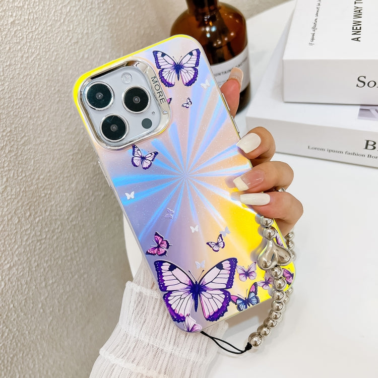 For iPhone 16 Electroplating Laser Butterfly Phone Case with Wrist Strap(Color Butterflies AB1) - iPhone 16 Cases by PMC Jewellery | Online Shopping South Africa | PMC Jewellery | Buy Now Pay Later Mobicred