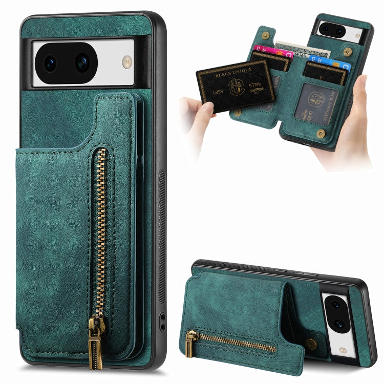 For Google Pixel 9 / 9 Pro Retro Leather Zipper Wallet Back Phone Case(Green) - Google Cases by PMC TechLife | Online Shopping South Africa | PMC TechLife | Buy Now Pay Later Mobicred