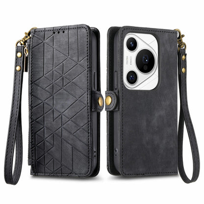 For Huawei Pura 70 Pro+ Geometric Zipper Wallet Side Buckle Leather Phone Case(Black) - Huawei Cases by PMC Jewellery | Online Shopping South Africa | PMC Jewellery | Buy Now Pay Later Mobicred