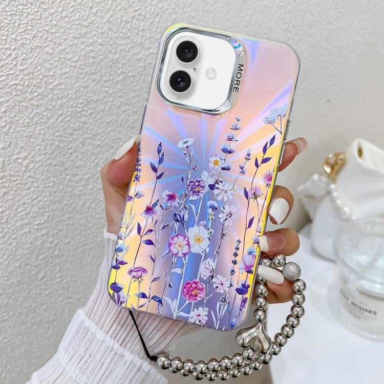 For iPhone 16 Electroplating Laser Flower Phone Case with Wrist Strap(Flower AH1) - iPhone 16 Cases by PMC TechLife | Online Shopping South Africa | PMC TechLife | Buy Now Pay Later Mobicred