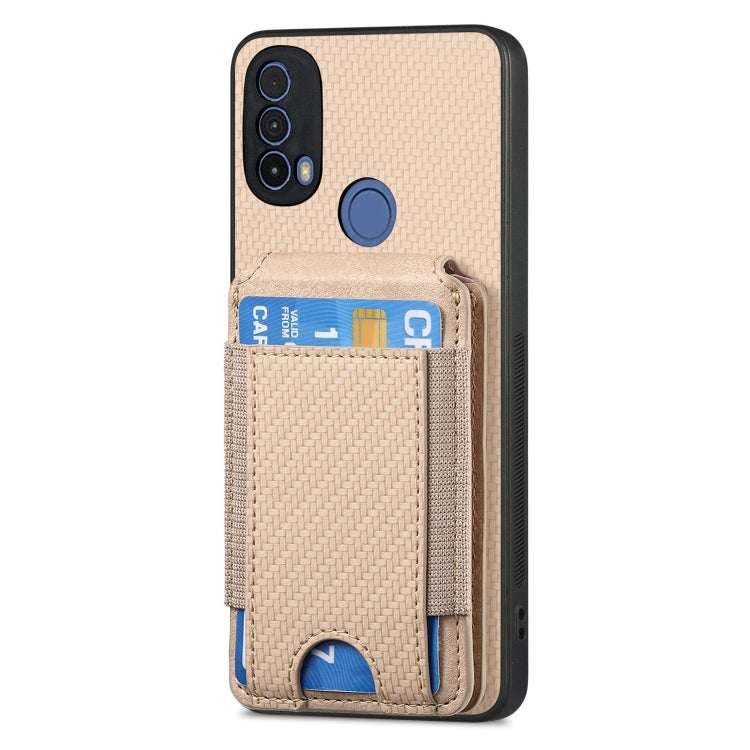 For Motorola Moto E20 / E30 Carbon Fiber Vertical Flip Wallet Stand Phone Case(Khaki) - Motorola Cases by PMC TechLife | Online Shopping South Africa | PMC TechLife | Buy Now Pay Later Mobicred