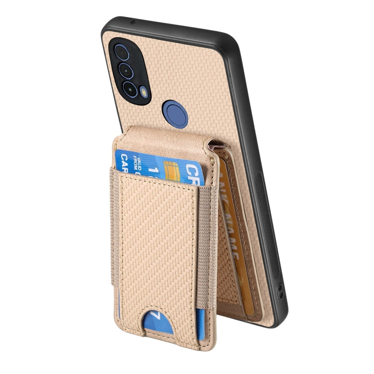 For Motorola Moto E20 / E30 Carbon Fiber Vertical Flip Wallet Stand Phone Case(Khaki) - Motorola Cases by PMC TechLife | Online Shopping South Africa | PMC TechLife | Buy Now Pay Later Mobicred
