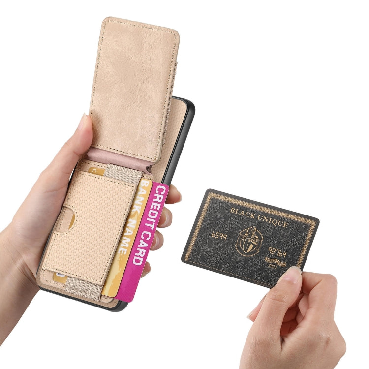 For Motorola Moto E20 / E30 Carbon Fiber Vertical Flip Wallet Stand Phone Case(Khaki) - Motorola Cases by PMC TechLife | Online Shopping South Africa | PMC TechLife | Buy Now Pay Later Mobicred
