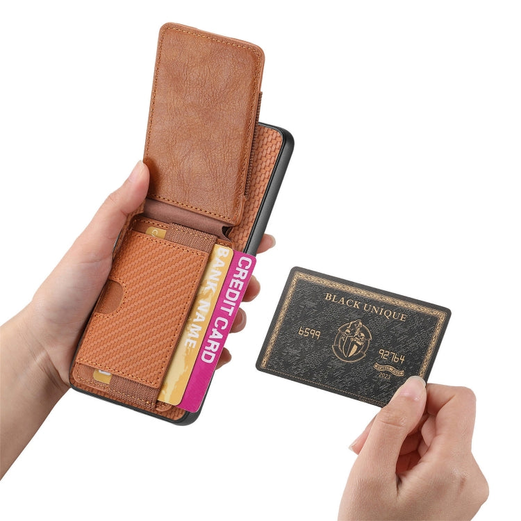 For OnePlus 12 5G Carbon Fiber Vertical Flip Wallet Stand Phone Case(Brown) - OnePlus Cases by PMC TechLife | Online Shopping South Africa | PMC TechLife | Buy Now Pay Later Mobicred