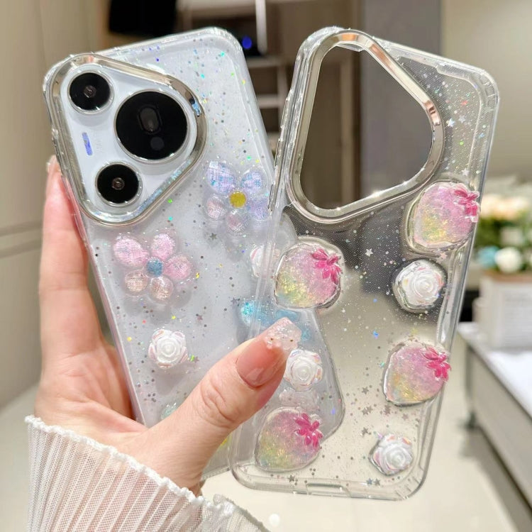 For Huawei Pura 70 Pro Electroplated Frame 3D Strawberry Flower  TPU Phone Case(Colorful Flowers) - Huawei Cases by PMC Jewellery | Online Shopping South Africa | PMC Jewellery | Buy Now Pay Later Mobicred