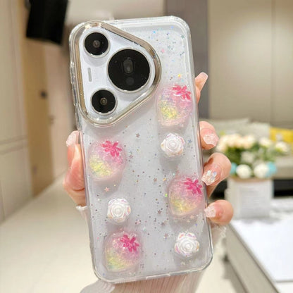 For Huawei Pura 70 Pro Electroplated Frame 3D Strawberry Flower  TPU Phone Case(Colorful Flowers) - Huawei Cases by PMC Jewellery | Online Shopping South Africa | PMC Jewellery | Buy Now Pay Later Mobicred