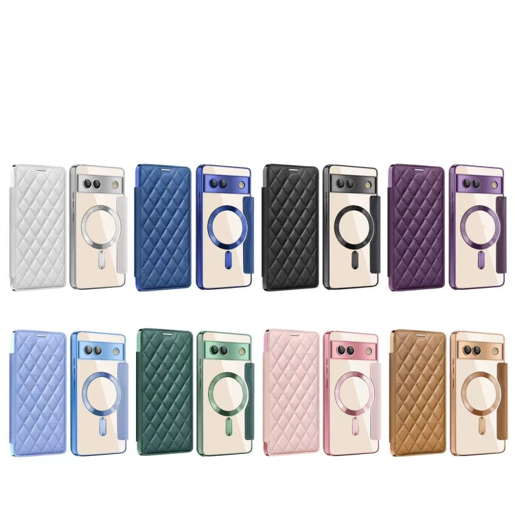 For Google  Pixel 8a Shield Magsafe RFID Anti-theft Rhombus Leather Phone Case(Pink) - Google Cases by PMC TechLife | Online Shopping South Africa | PMC TechLife | Buy Now Pay Later Mobicred