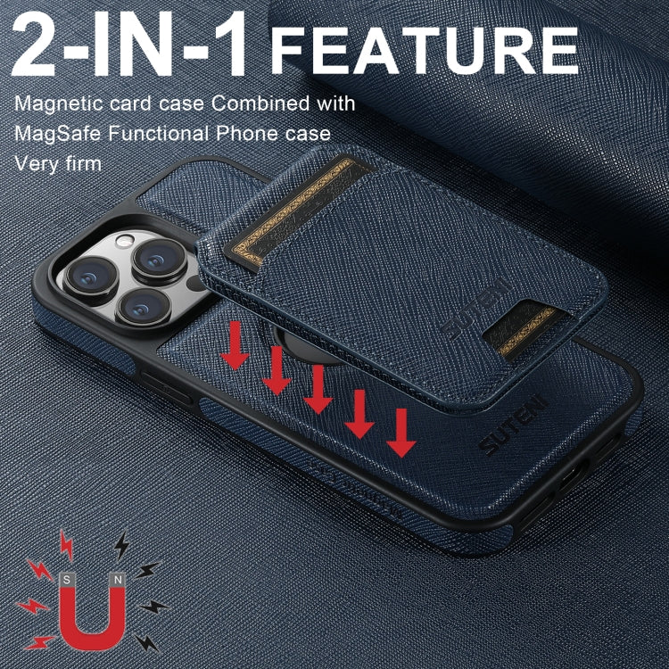 For iPhone 15 Plus Suteni M2 Cross-Grain MagSafe Vertical Card Back Phone Case(Blue) - iPhone 15 Plus Cases by Suteni | Online Shopping South Africa | PMC Jewellery | Buy Now Pay Later Mobicred