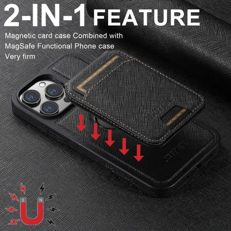 For iPhone 15 Pro Suteni M2 Cross-Grain MagSafe Vertical Card Back Phone Case(Black) - iPhone 15 Pro Cases by Suteni | Online Shopping South Africa | PMC Jewellery | Buy Now Pay Later Mobicred