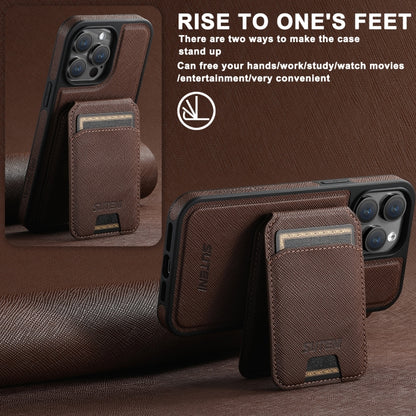 For iPhone 15 Pro Suteni M2 Cross-Grain MagSafe Vertical Card Back Phone Case(Brown) - iPhone 15 Pro Cases by Suteni | Online Shopping South Africa | PMC Jewellery | Buy Now Pay Later Mobicred