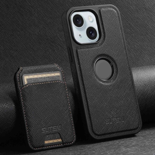 For iPhone 15 Suteni M2 Cross-Grain MagSafe Vertical Card Back Phone Case(Black) - iPhone 15 Cases by Suteni | Online Shopping South Africa | PMC Jewellery | Buy Now Pay Later Mobicred