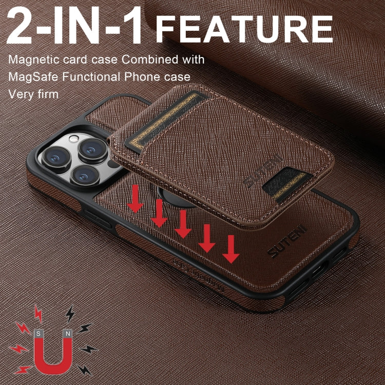 For iPhone 12 Pro Suteni M2 Cross-Grain MagSafe Vertical Card Back Phone Case(Brown) - free shipping - PMC Jewellery - Order now!