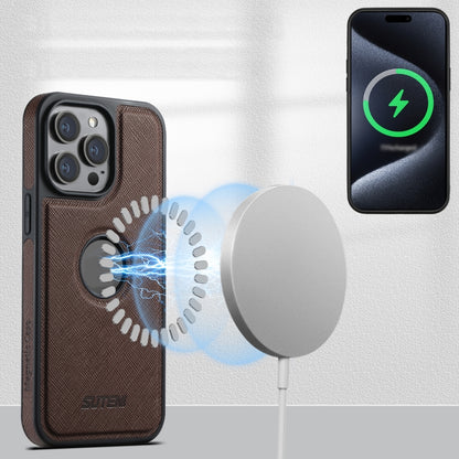 For iPhone 12 Pro Suteni M2 Cross-Grain MagSafe Vertical Card Back Phone Case(Brown) - iPhone 12 / 12 Pro Cases by Suteni | Online Shopping South Africa | PMC Jewellery | Buy Now Pay Later Mobicred