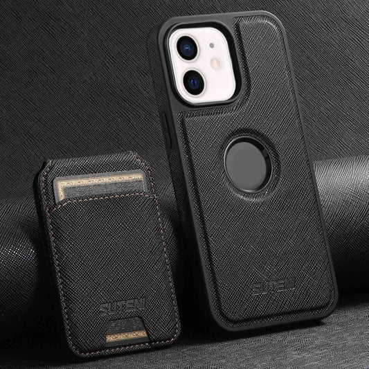 For iPhone 12 Suteni M2 Cross-Grain MagSafe Vertical Card Back Phone Case(Black) - iPhone 12 / 12 Pro Cases by Suteni | Online Shopping South Africa | PMC Jewellery | Buy Now Pay Later Mobicred