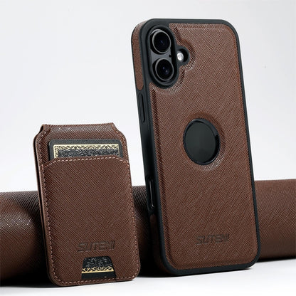 For iPhone 16 Suteni M2 Cross-Grain MagSafe Vertical Card Back Phone Case(Brown) - iPhone 16 Cases by Suteni | Online Shopping South Africa | PMC Jewellery | Buy Now Pay Later Mobicred