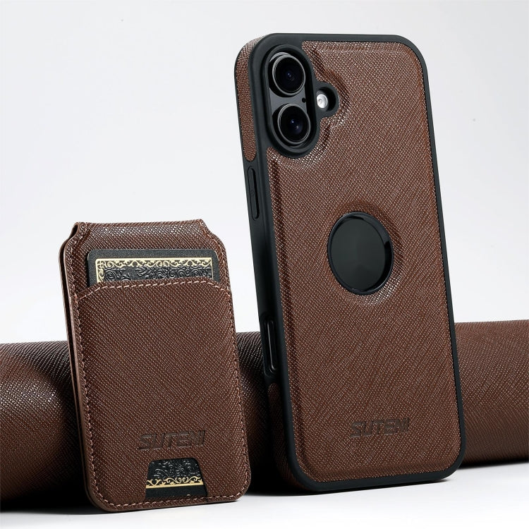 For iPhone 16 Plus Suteni M2 Cross-Grain MagSafe Vertical Card Back Phone Case(Brown) - iPhone 16 Plus Cases by Suteni | Online Shopping South Africa | PMC Jewellery | Buy Now Pay Later Mobicred