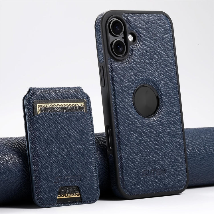 For iPhone 16 Plus Suteni M2 Cross-Grain MagSafe Vertical Card Back Phone Case(Blue) - iPhone 16 Plus Cases by Suteni | Online Shopping South Africa | PMC Jewellery | Buy Now Pay Later Mobicred