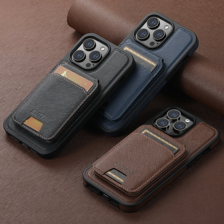 For iPhone 16 Plus Suteni M2 Cross-Grain MagSafe Vertical Card Back Phone Case(Brown) - iPhone 16 Plus Cases by Suteni | Online Shopping South Africa | PMC Jewellery | Buy Now Pay Later Mobicred