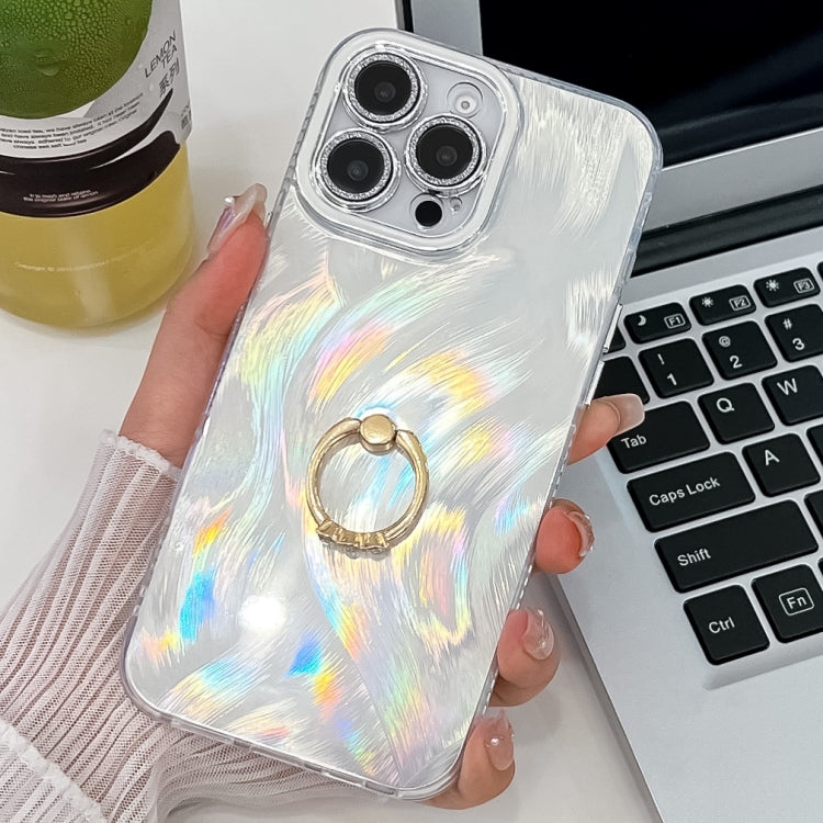 For iPhone 16 Pro Max Plating Glitter Texture Ring Holder TPU Phone Case with Lens Film(White Feather Yarn) - More iPhone Cases by PMC Jewellery | Online Shopping South Africa | PMC Jewellery | Buy Now Pay Later Mobicred