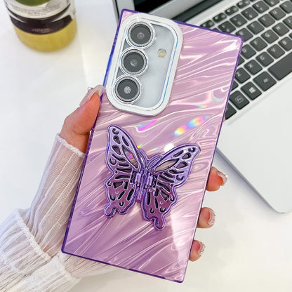 For Samsung Galaxy S25 5G Plating Glitter Texture Butterfly Holder TPU Phone Case with Lens Film(Purple Water Ripples) - Galaxy S25 5G Cases by PMC Jewellery | Online Shopping South Africa | PMC Jewellery | Buy Now Pay Later Mobicred