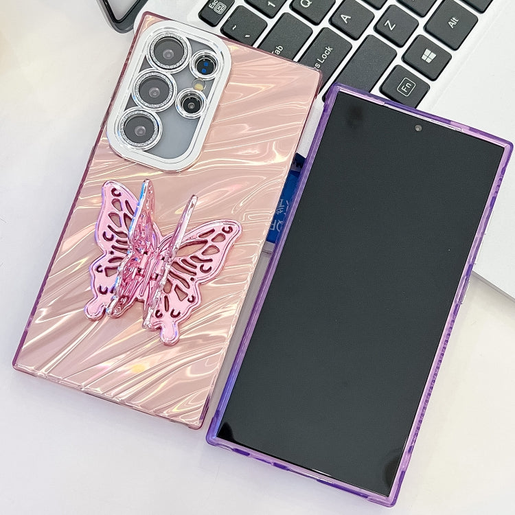 For Samsung Galaxy S25 Ultra 5G Plating Glitter Texture Butterfly Holder TPU Phone Case with Lens Film(White Feathers) - Galaxy S25 Ultra 5G Cases by PMC Jewellery | Online Shopping South Africa | PMC Jewellery | Buy Now Pay Later Mobicred