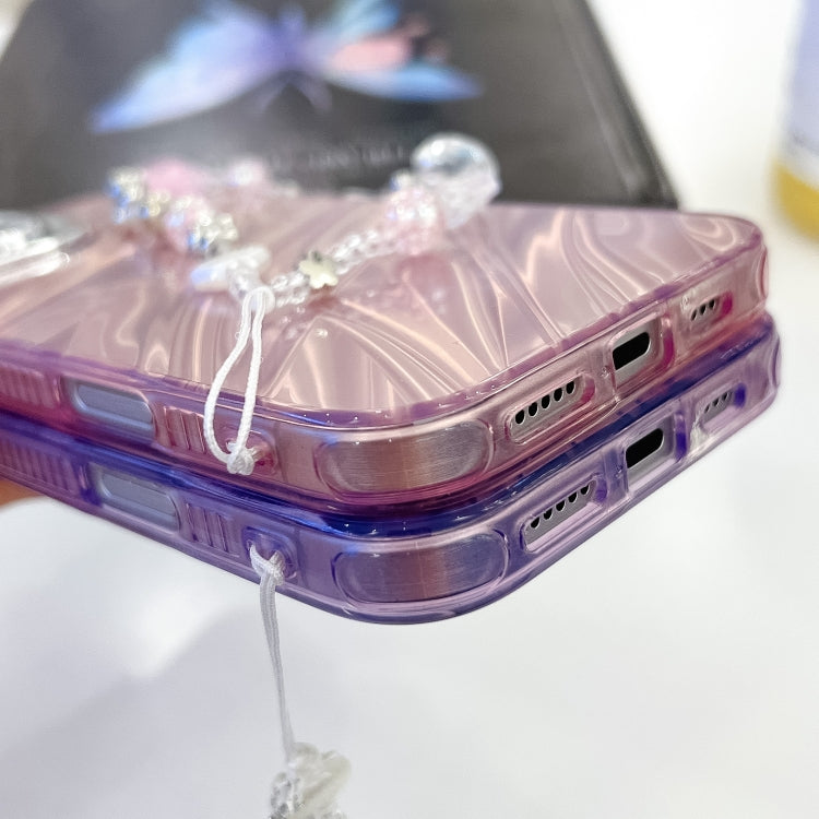 For iPhone 16e Plating Glitter Texture Chain Wristband TPU Phone Case with Lens Film(White Feathers) - iPhone 16e Cases by PMC TechLife | Online Shopping South Africa | PMC TechLife | Buy Now Pay Later Mobicred