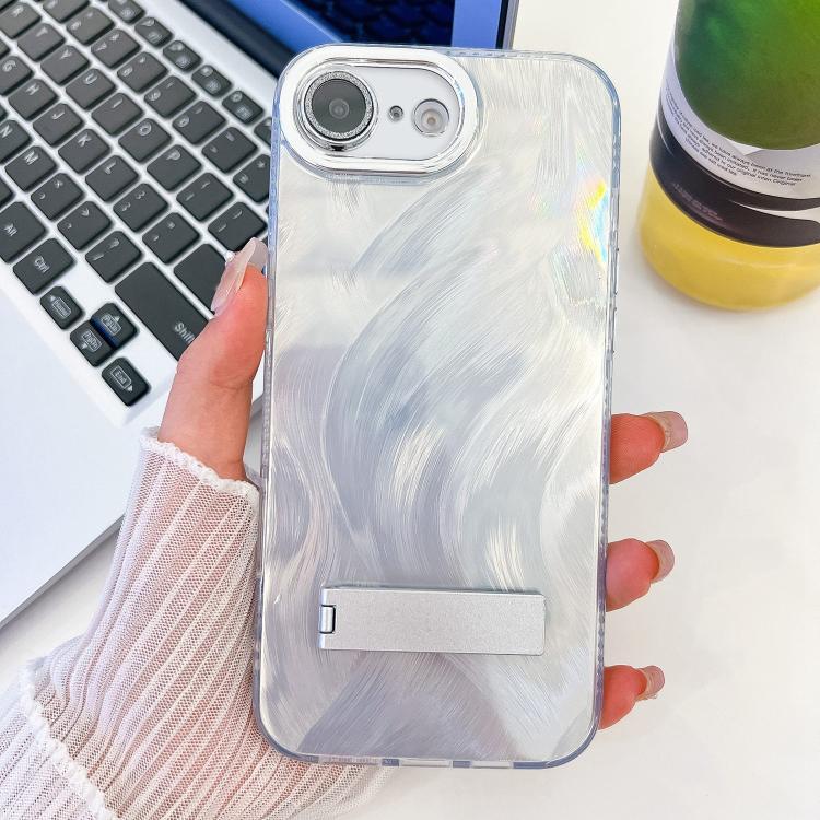 For iPhone 16e Plating Glitter Texture Fold Holder TPU Phone Case with Lens Film(White Feather Yarn) - iPhone 16e Cases by PMC TechLife | Online Shopping South Africa | PMC TechLife | Buy Now Pay Later Mobicred