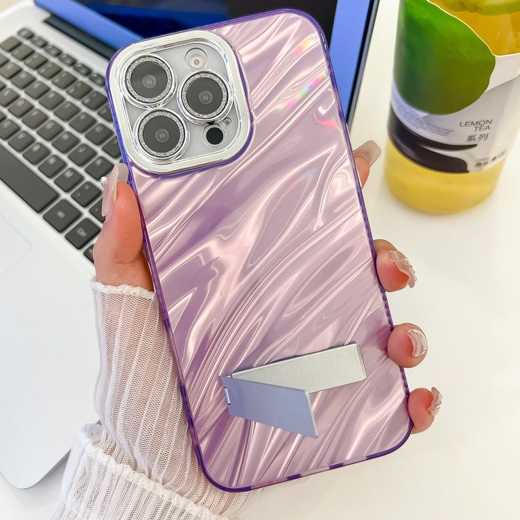For iPhone 16e Plating Glitter Texture Fold Holder TPU Phone Case with Lens Film(White Feather Yarn) - iPhone 16e Cases by PMC TechLife | Online Shopping South Africa | PMC TechLife | Buy Now Pay Later Mobicred