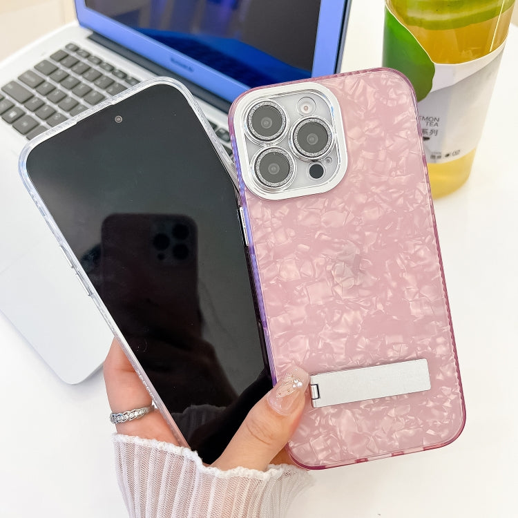 For iPhone 16e Plating Glitter Texture Fold Holder TPU Phone Case with Lens Film(White Shell Pattern) - iPhone 16e Cases by PMC TechLife | Online Shopping South Africa | PMC TechLife | Buy Now Pay Later Mobicred