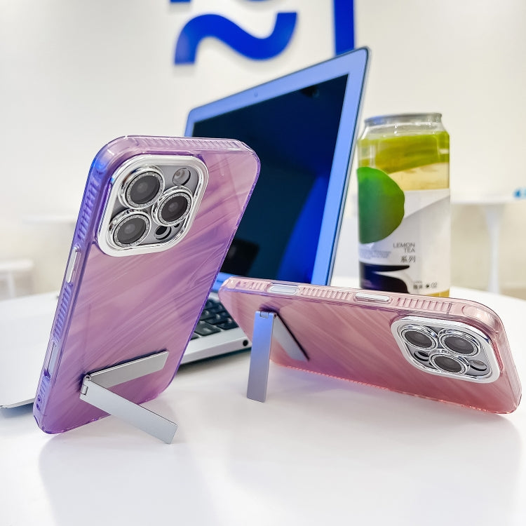 For iPhone 16e Plating Glitter Texture Fold Holder TPU Phone Case with Lens Film(Purple Shell Pattern) - iPhone 16e Cases by PMC TechLife | Online Shopping South Africa | PMC TechLife | Buy Now Pay Later Mobicred
