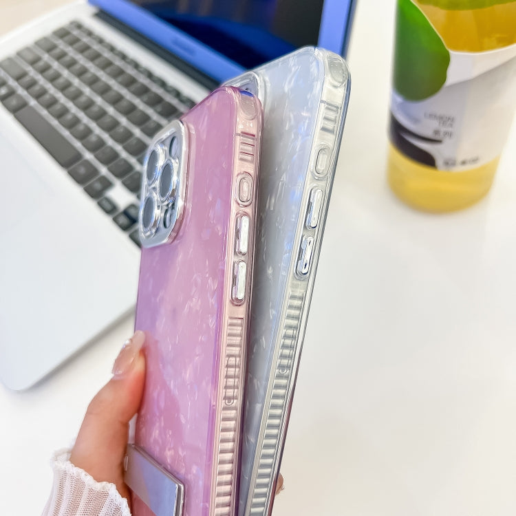 For iPhone 16e Plating Glitter Texture Fold Holder TPU Phone Case with Lens Film(White Feather Yarn) - iPhone 16e Cases by PMC TechLife | Online Shopping South Africa | PMC TechLife | Buy Now Pay Later Mobicred