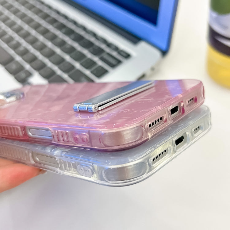For iPhone 16e Plating Glitter Texture Fold Holder TPU Phone Case with Lens Film(Purple Water Ripples) - iPhone 16e Cases by PMC TechLife | Online Shopping South Africa | PMC TechLife | Buy Now Pay Later Mobicred