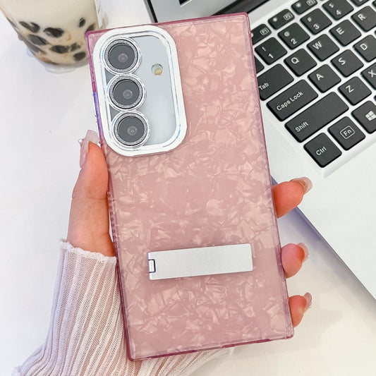 For Samsung Galaxy S25 5G Plating Glitter Texture Fold Holder TPU Phone Case with Lens Film(Pink Shell Pattern) - Galaxy S25 5G Cases by PMC Jewellery | Online Shopping South Africa | PMC Jewellery | Buy Now Pay Later Mobicred