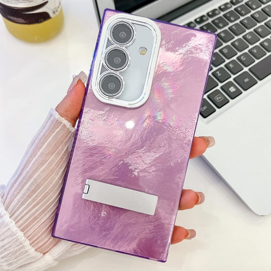 For Samsung Galaxy S25 5G Plating Glitter Texture Fold Holder TPU Phone Case with Lens Film(Purple Tinfoil Texture) - Galaxy S25 5G Cases by PMC Jewellery | Online Shopping South Africa | PMC Jewellery | Buy Now Pay Later Mobicred