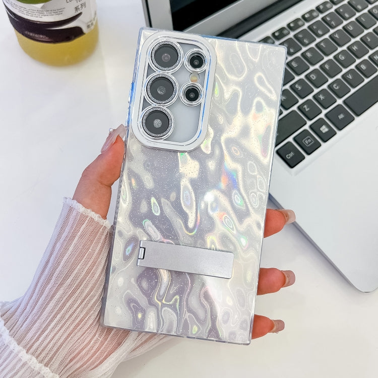 For Samsung Galaxy S25 Ultra 5G Plating Glitter Texture Fold Holder TPU Phone Case with Lens Film(White Wrinkles) - Galaxy S25 Ultra 5G Cases by PMC Jewellery | Online Shopping South Africa | PMC Jewellery | Buy Now Pay Later Mobicred