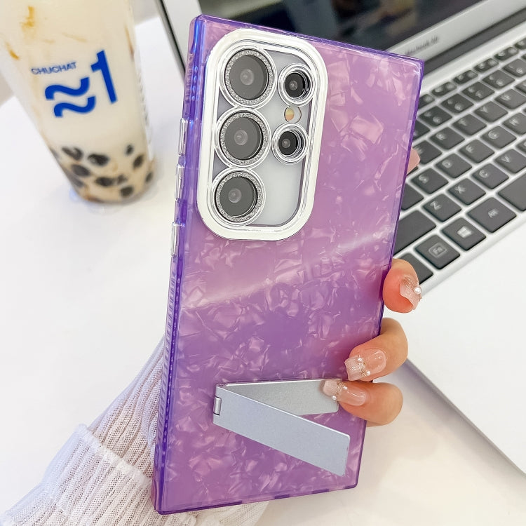 For Samsung Galaxy S25+ 5G Plating Glitter Texture Fold Holder TPU Phone Case with Lens Film(Purple Tinfoil Texture) - Galaxy S25+ 5G Cases by PMC Jewellery | Online Shopping South Africa | PMC Jewellery | Buy Now Pay Later Mobicred